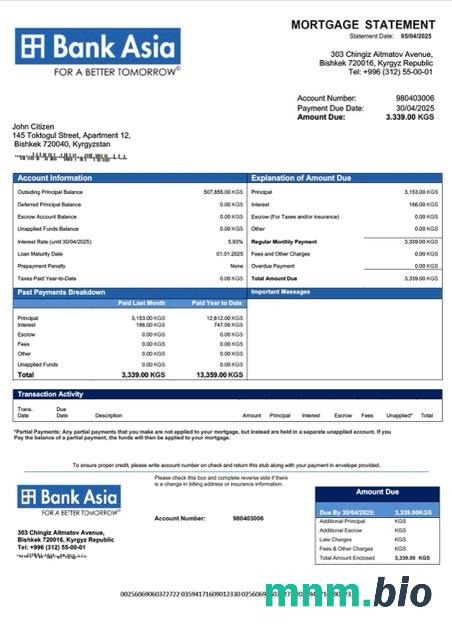 Kirgistan Bank of Asia wyciąg z kredytu hipotecznego szablon Word i PDF